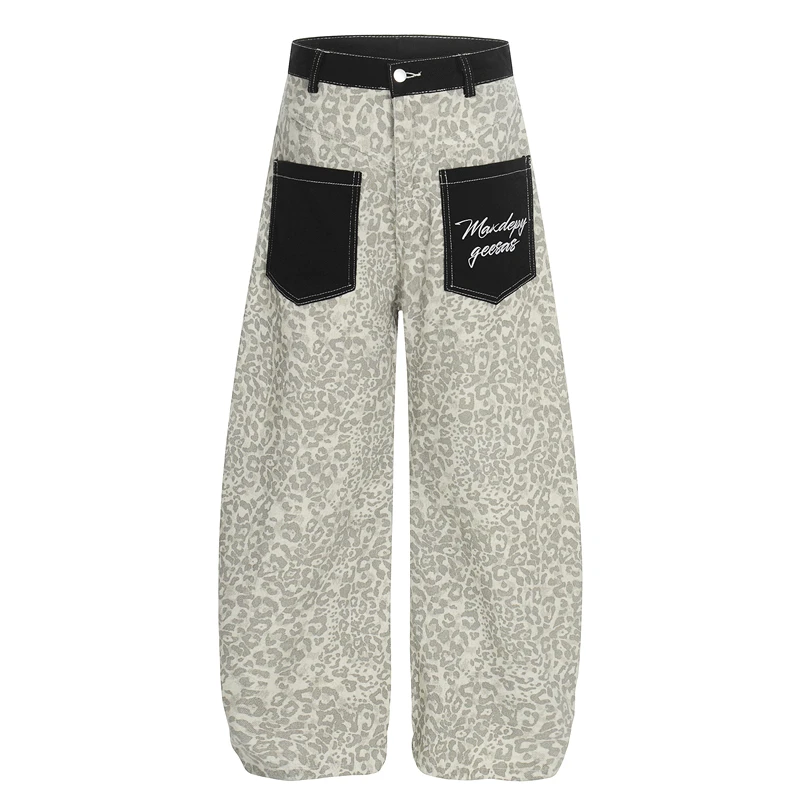 

American Design ket Leopard Print Jeans Men Women Loose Wide Leg Floor Length Trousers Casual Sle Spring Autumn Wear