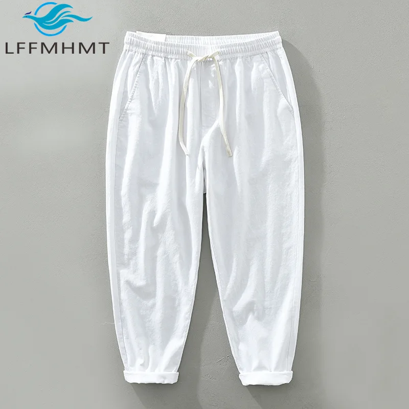 

Мужские дышащие брюки из хлопка и льна 3501: однотонные, простые, базовые, с эластичным поясом, свободные, повседневные, длиной до щиколотки, прямого кроя