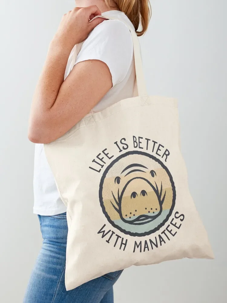 Retro Manatee Face - Life Is Better With Manatees Tote Bag hand bag Handbags custom fabric bag Canvas Tote