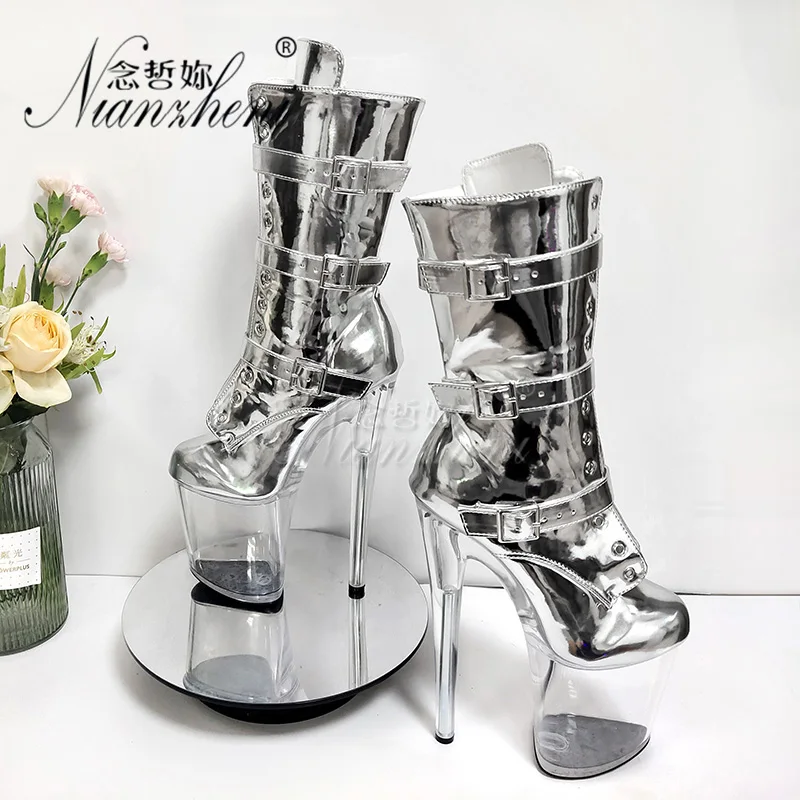 

Fashion 8 Inches Sexy Fetish Platform Boots Exotic Pole Dance Shoes Silver 20cm Belt Buckle Stripper Heels Ankle Boots Gladiator