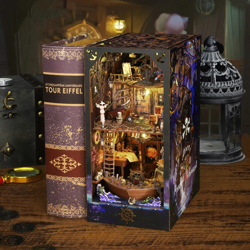 DIY Wooden Book Nook Shelf Insert Miniature Model Kits Magic Pirate Ship Bookshelf Handmade Bookend for Friends Birthday Gifts