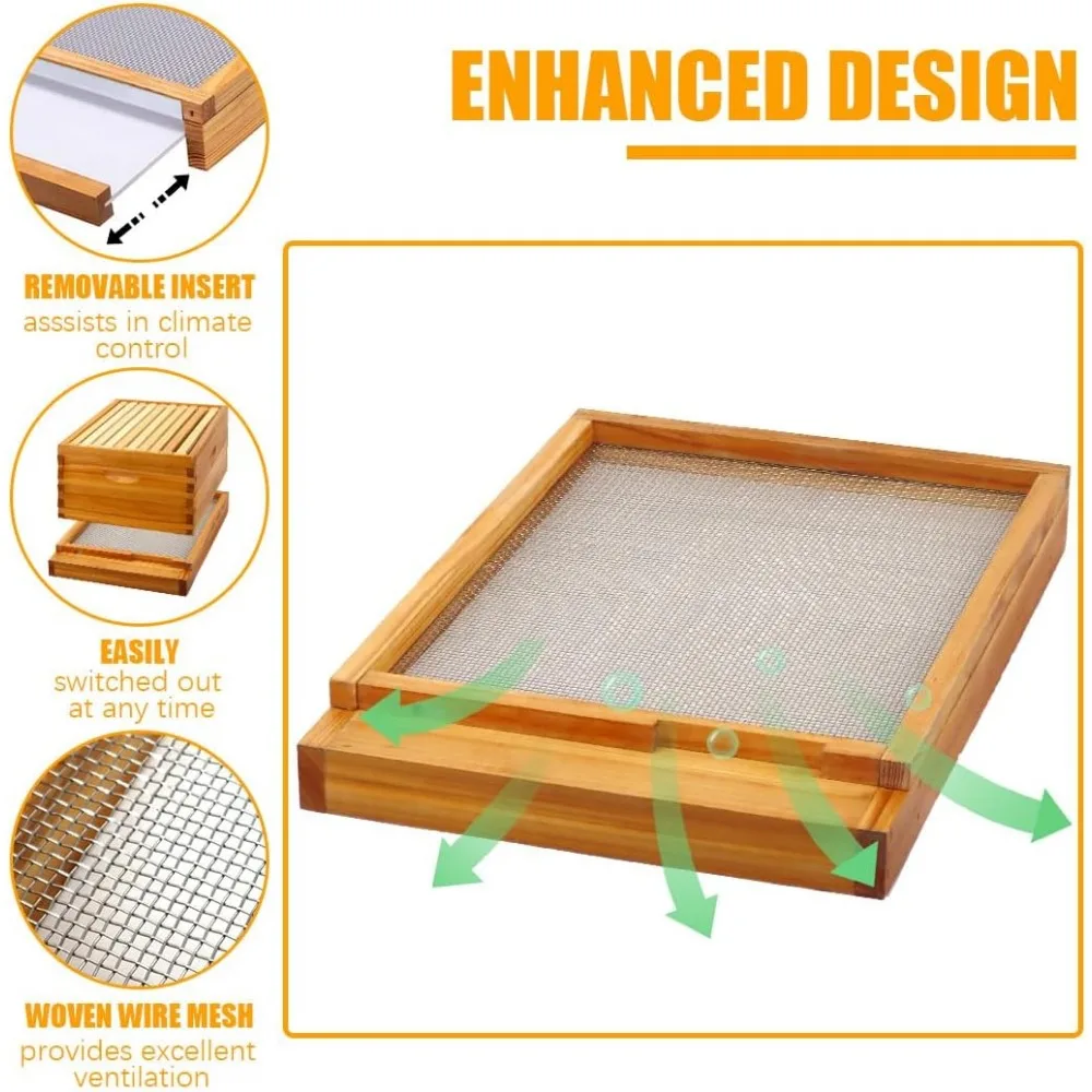 8 Frame Screened Bottom Board Beehive Dipped in 100% Beeswax, Bee Hives Kit Includes 1 Deep Boxes & 1 Medium Hive Box