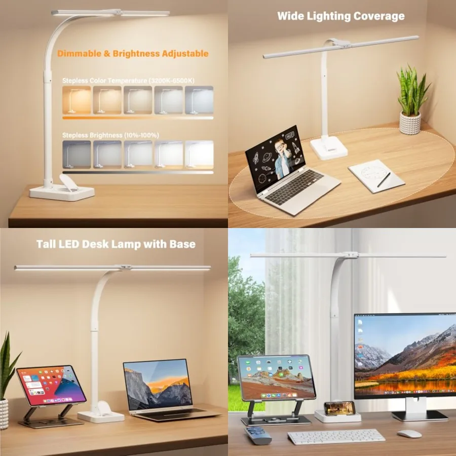 

LED Desk Lamp with Base - Bright Dimmable Computer Lamp with Phone Holder, 24W Bendable Desk Light for Monitor Screen, Eye-Cari