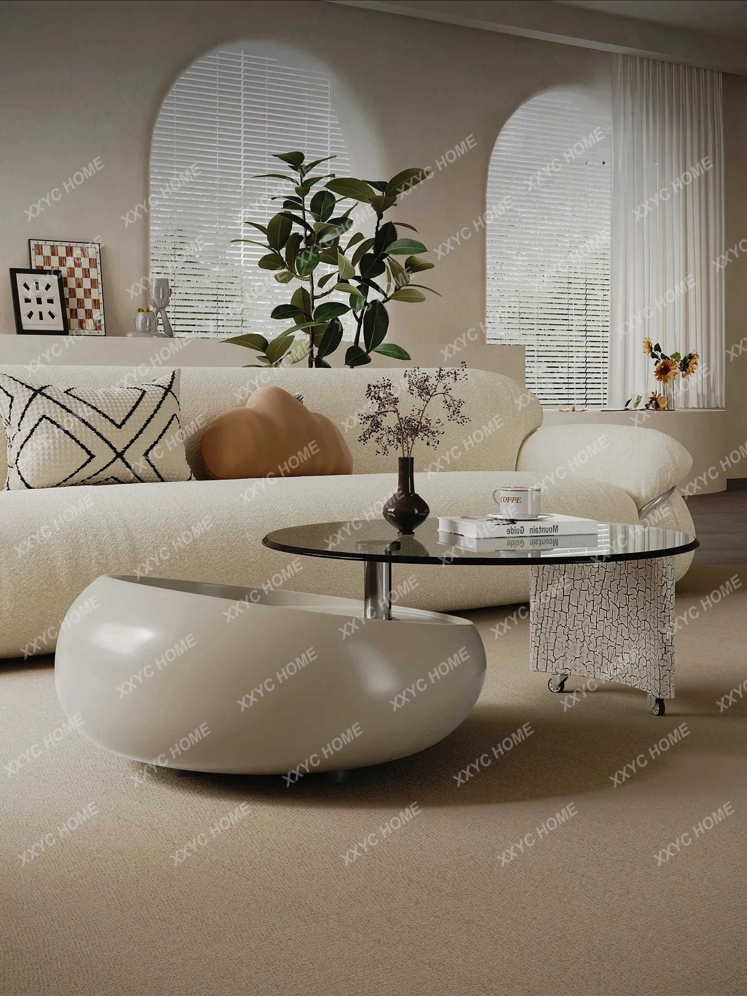 

Y Nordic Cream Style Oval Simple Rotating Glass Tea Table Living Room Household Combination