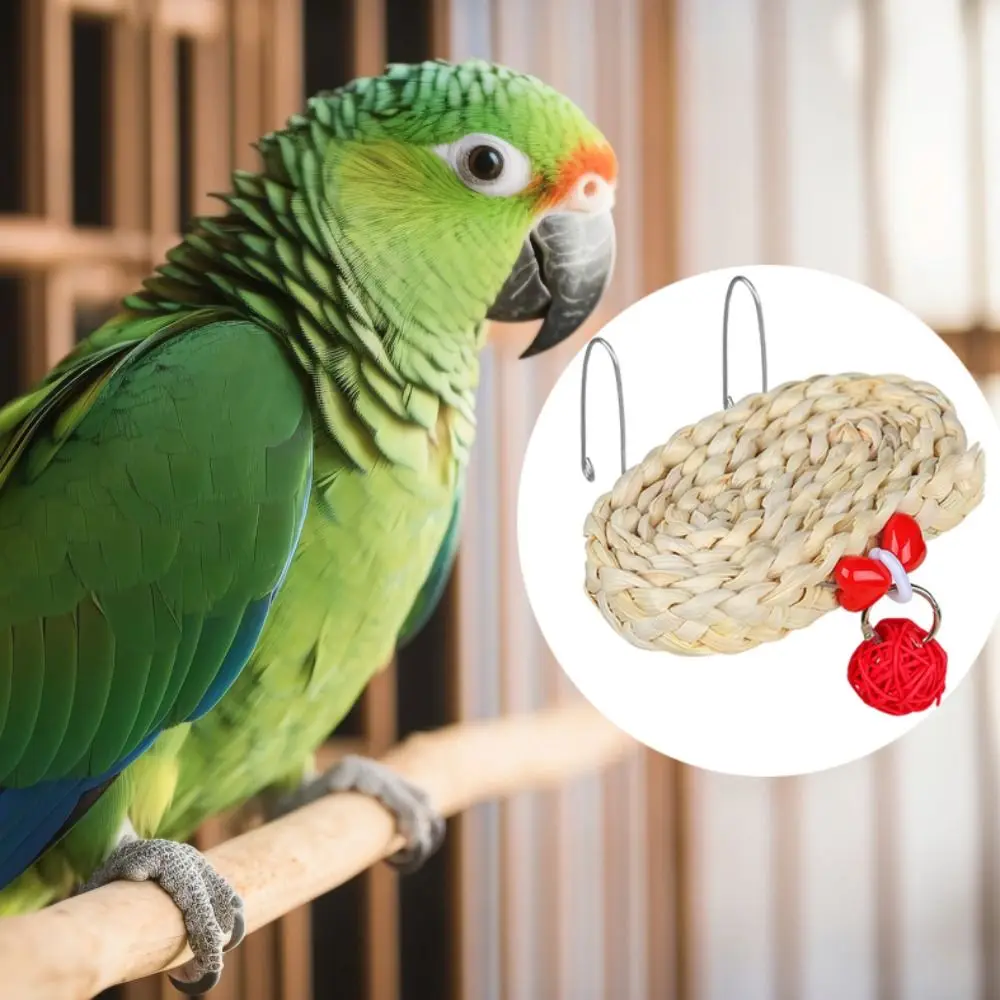 Durable Straw Bird Chewing Toy with Hook Bright Color Parrot Teething Toys Woven Natural Cage Hanging Toy For Birdcage Parakeet