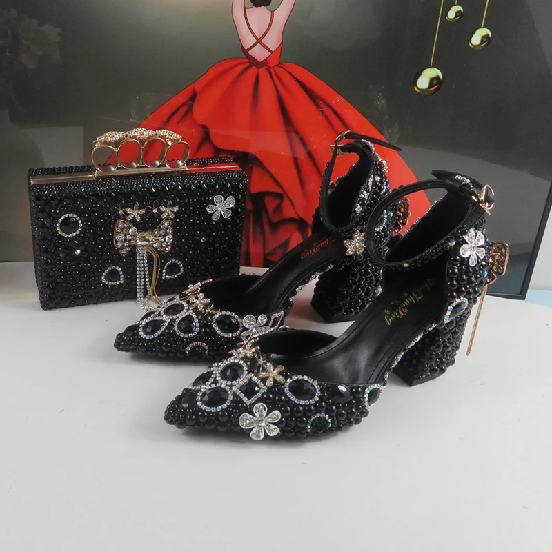 Scarpe da sposa di lusso in cristallo nero borse abbinate donna moda tacco spesso scarpe eleganti da donna scarpe a punta