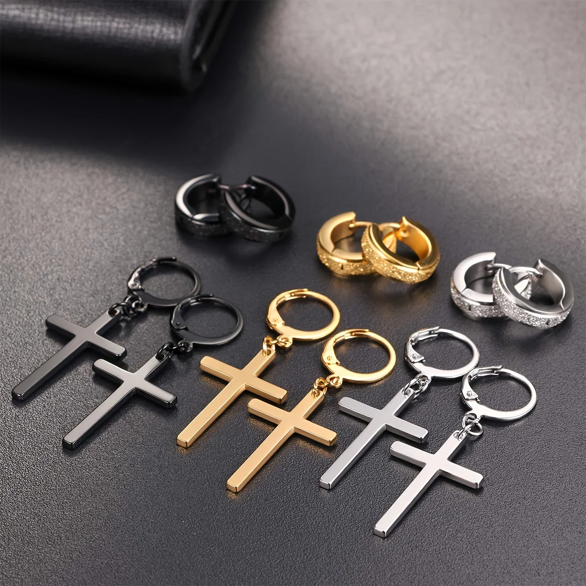 1/6 Pairs Punk Cross Dangle Earrings Women Men Gothic Stainless Steel Matte Ear Stud Earrings Piercing Huggie Pendant Jewelry