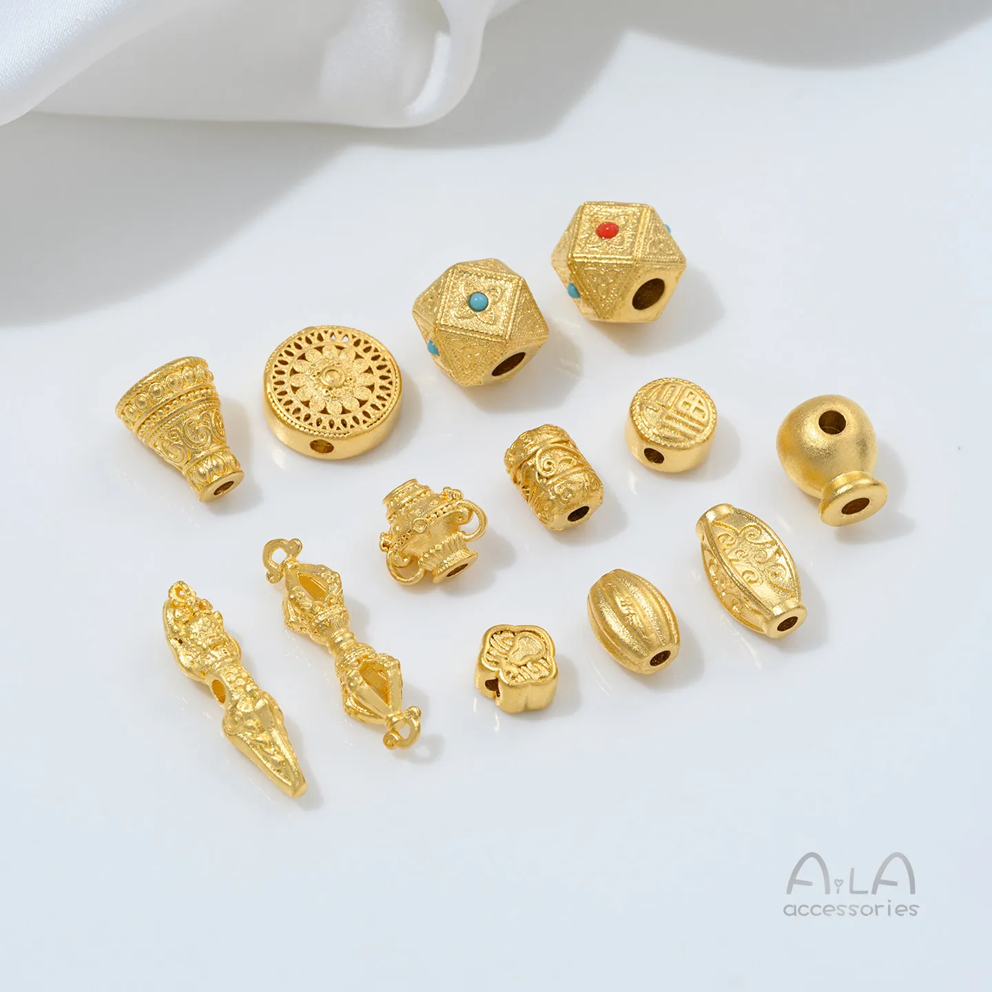 1pcs Real Gold Plated Octagonal Vajra Spacer Beads DIY Crystal Pearl Jewelry Sand Gold Accessories