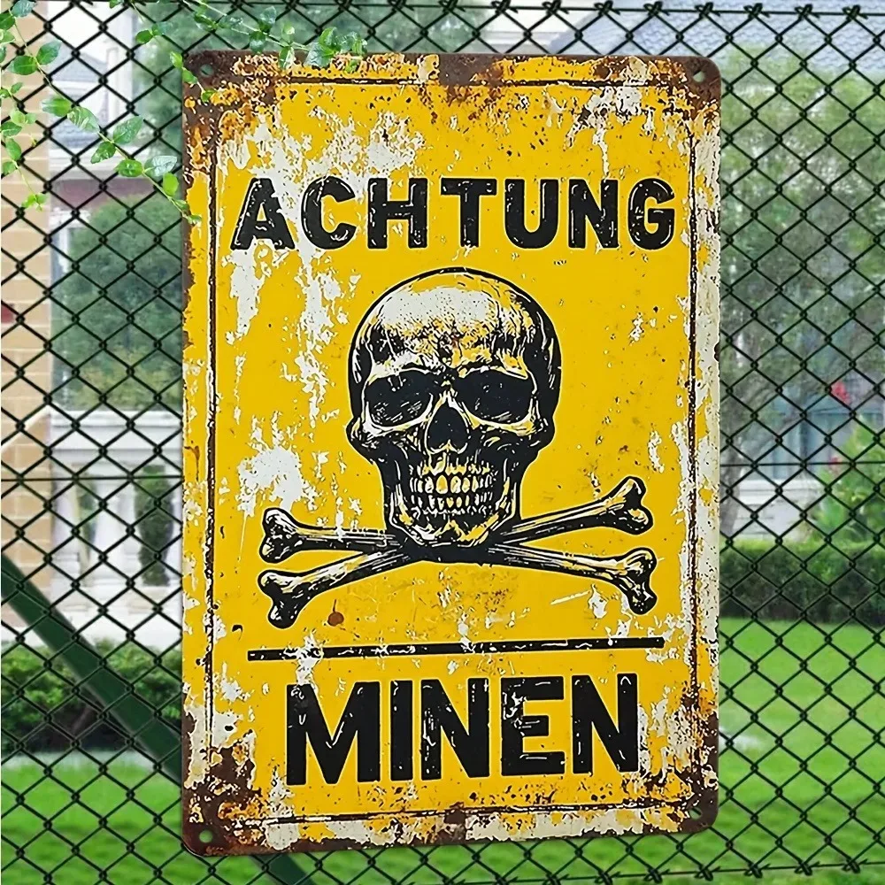 Letrero Metálico Alemán Vintage Achtung Minen, Decoración de Pared de Hierro Rústico con Diseño de Huesos Cruzados, Estilo Mi
