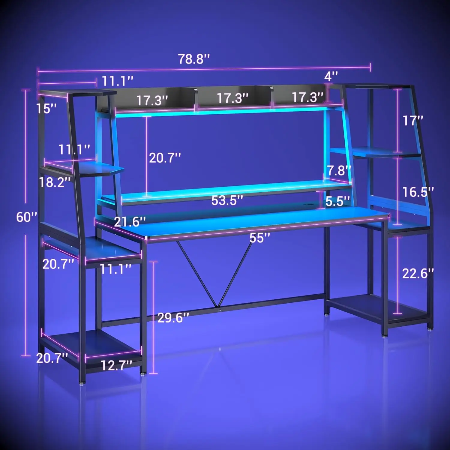 مكتب ألعاب 78.8 بوصة مع أضواء LED، طاولة ألعاب مريحة لغرفة النوم وغرفة المعيشة، أسود