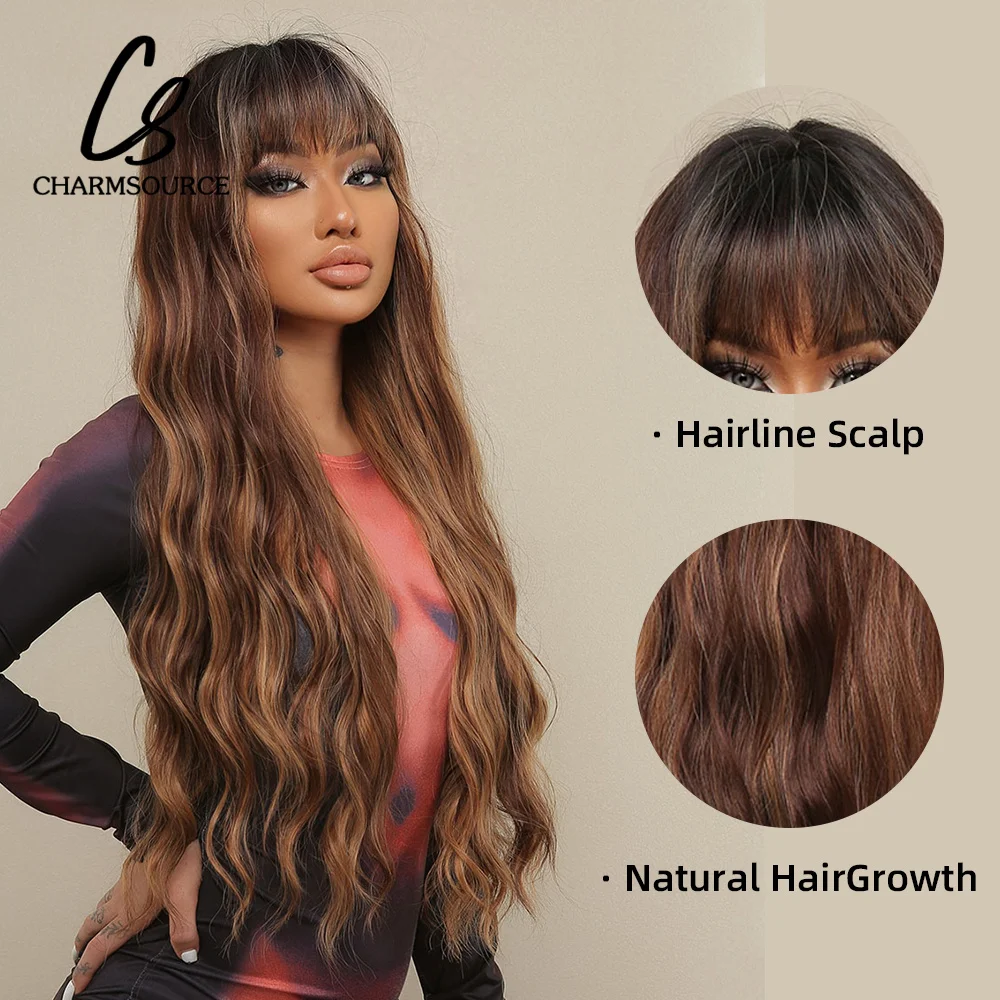 CharmSource Long Vavy Wig Mixed Brown Honey Blonde with Bangs Synthetic Wigs for Women Cosplay Party Wear Heat Resistant