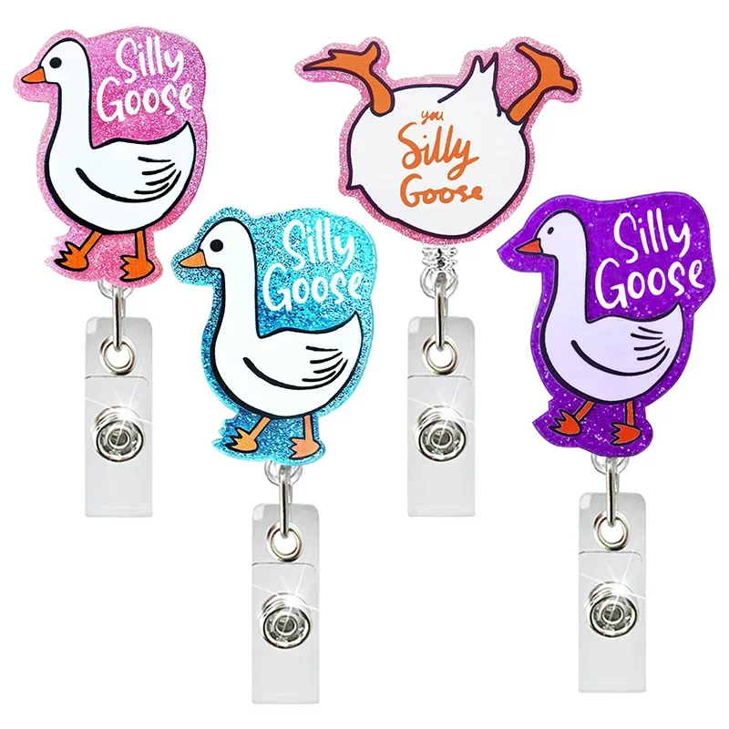 Glitter Acrylic Silly Goose Badge Reel Retractable ID Badge Holder With 360 Rotating Alligator Clip Nurse Name Holderド