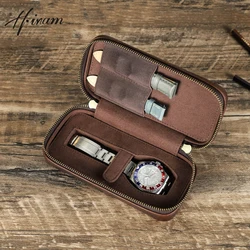 Luxury Retro Single Watch Genuine Leather Storage Display Travel Box 2 Watch Strap Slots Organizer Portable Case Zipper Bag