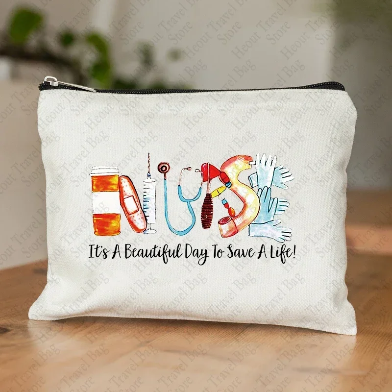 ممرضة هدية سستة حقيبة قماش قنب لطيف القهوة طباعة حقيبة مستحضرات تجميل المنظم المحمولة حقيبة مستحضرات التجميل خفيفة الوزن تخزين الحقيبة المنظم