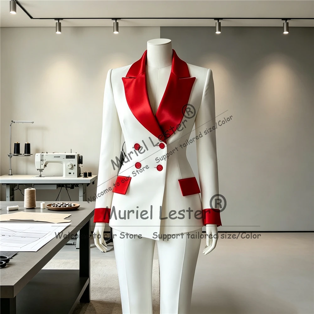 Elegant Double Breasted Women Suit Slim Fit Red Satin Lapel Jacket Pants 2 Piece Sets Lady Business Party Tuxedo Lady Clothing