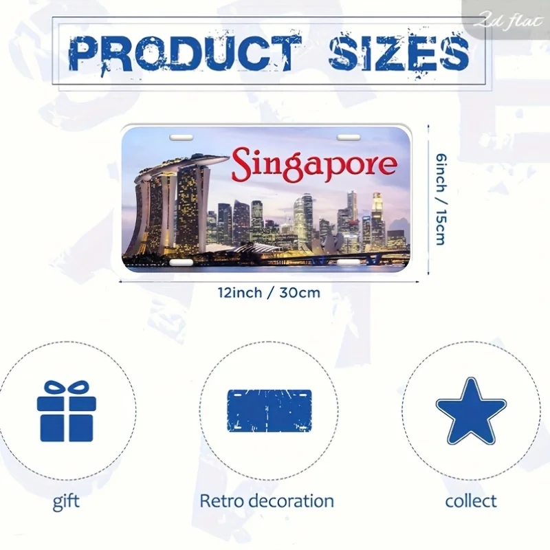 2D Flat - [2D Flat] 2D Plane - 1 Vintage Singapore Metal Wall Sign, 15.24X30.48 Cm Metal, HD UV Printing, Pre-Drilled for Easy I