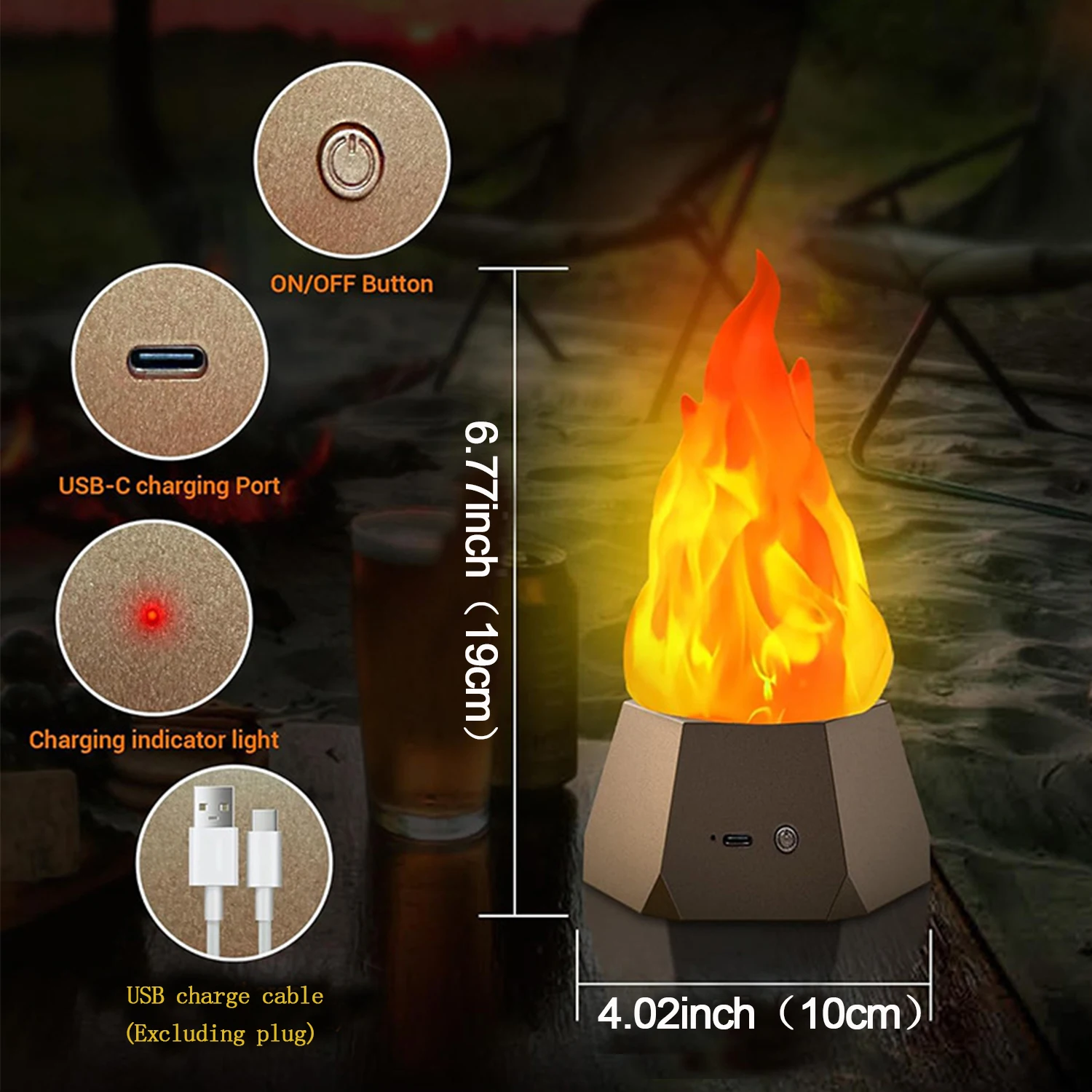 2 Packs Flame Table Light 1200mAh USB Rechargeable 3-Mode LED Lamp for Outdoor Camping Holiday Fake Fire Atmosphere