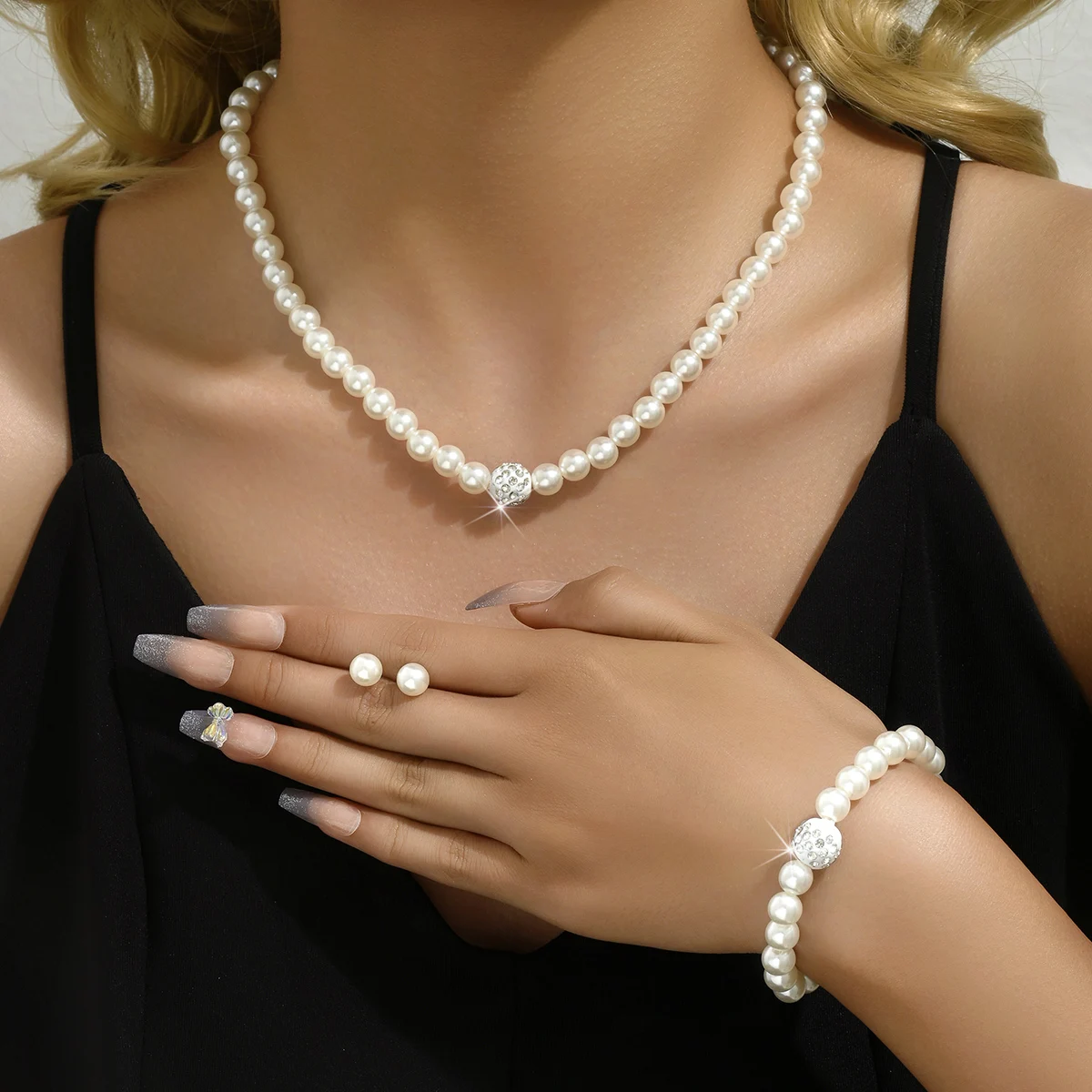 Ins light luxury high-end necklace earring set versatile with inlaid pearl design bracelet simple collarbone chain