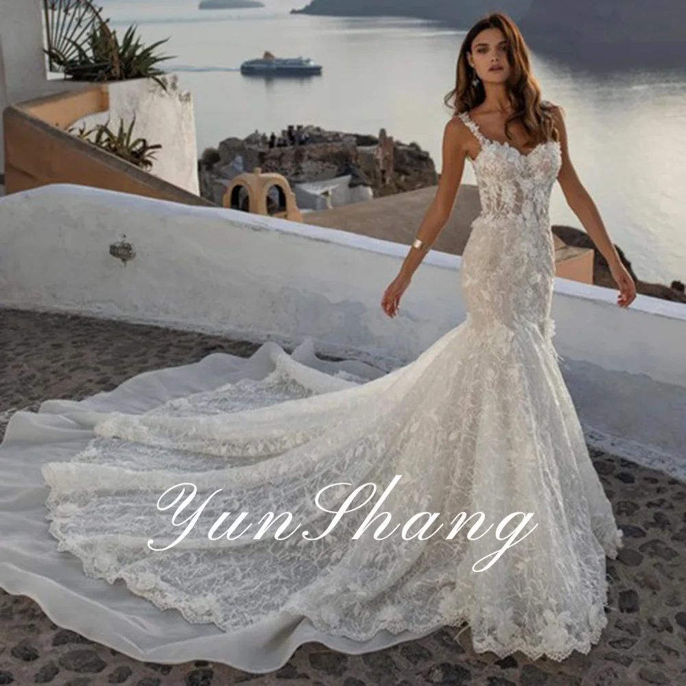 Yunshang Strand V-Ausschnitt Brautkleid ärmellose Tüll Spitze Applikationen sexy Meerjungfrau Brautkleid rücken freie Falten Zug Robe de Mariée