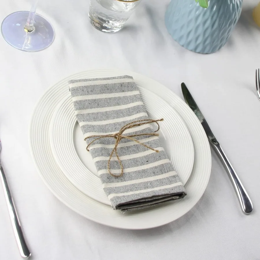 طقم مناديل قماش عشاء مخططة واسعة من القطن مقاس 12 40 × 30 سم للمناسبات والاستخدام المنزلي (أسود)