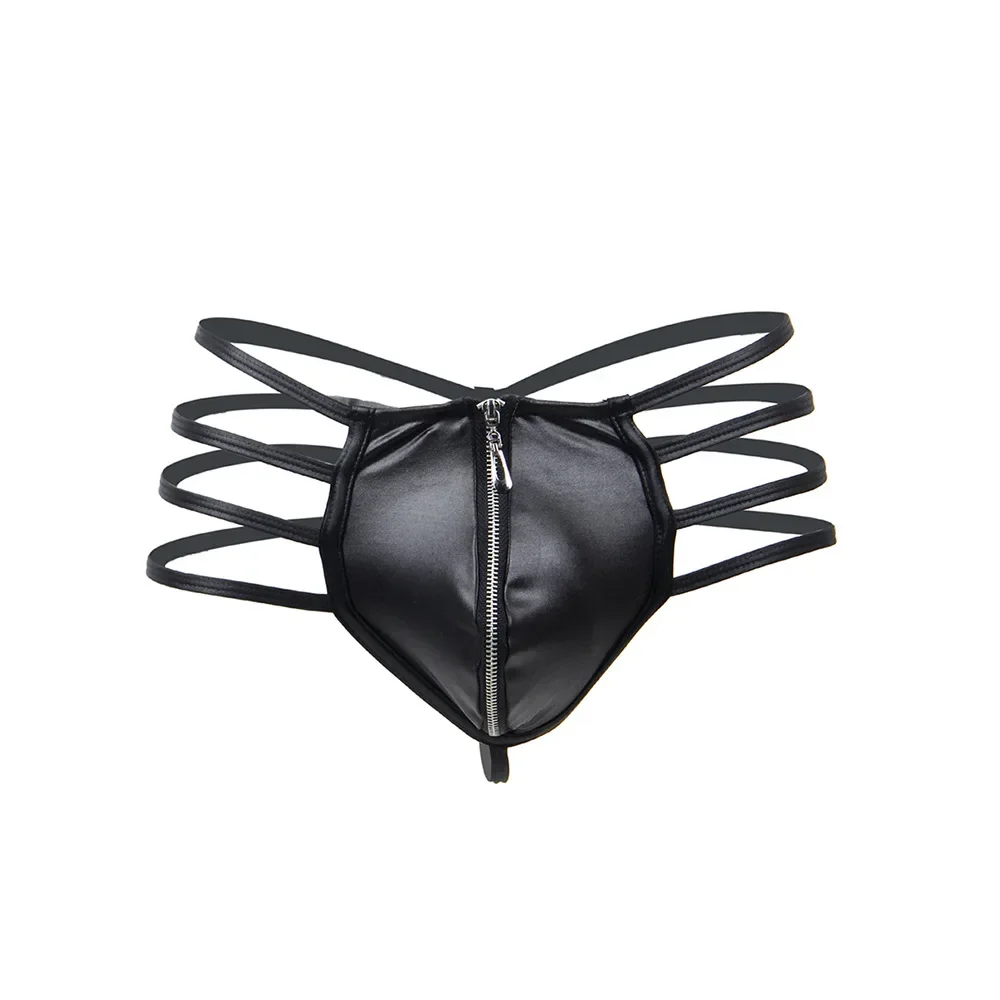 5 kolorów S-3XL Seksowne męskie stringi PU Bielizna gejowska Mężczyźni Bandaż Skórzane majtki bez krocza Bielizna z przodu Zamek błyskawiczny U Bulge Shorts