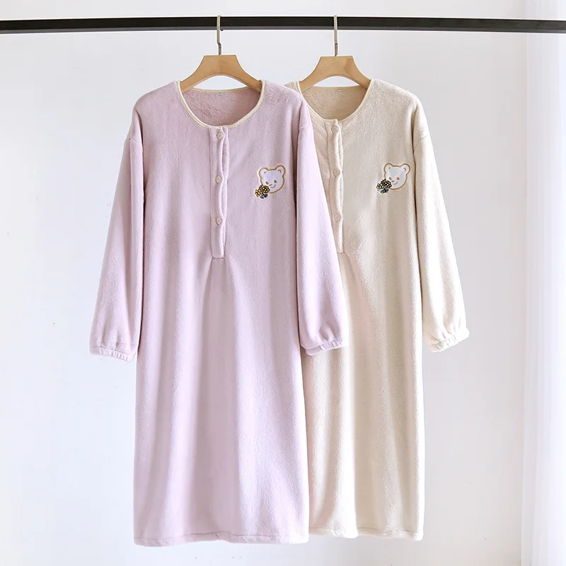 

Autumn Winter Night Wear Female Collarless Midi Pajamas Dress Flannel Thickened Warm Nightgown Pajama Sleepwear