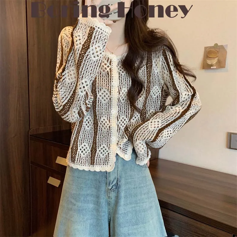 Boring Honey Retro Contrast Crochet Openwork Knit Cardigan Spring New Bohemian Loose Short T-Shirt Women O-Neck All-Match Top