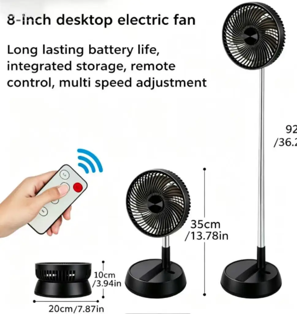 

7200mAh Retractable Rotating Fan, USB Rechargeable, Timer & Remote, 3-Speed, Indoor Outdoor Portable