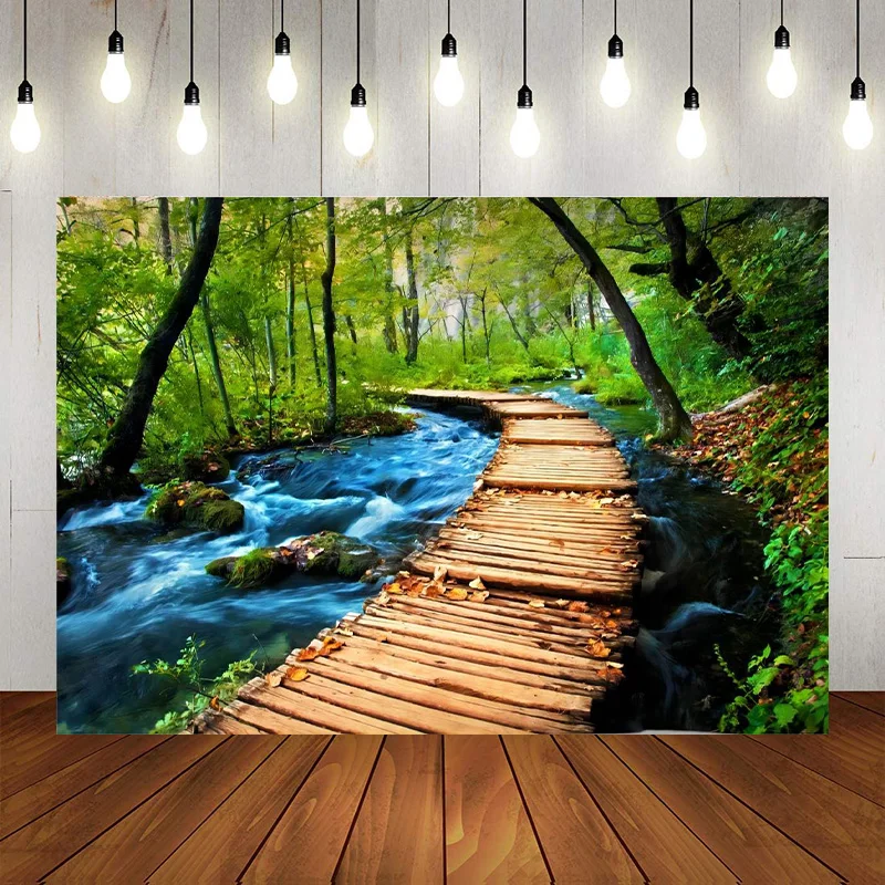 Wooden Bridge Stream Water Photographic Background Decor Backdrop Wall Art Tablecloths Bedspread Picnic Blanket Banner