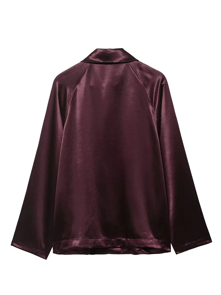 HH المرأة الخريف موضة خمر التلبيب واحدة الصدر قميص فضفاض سترة الإناث الحرير الساتان محكم معطف طويل الأكمام Mujer #2