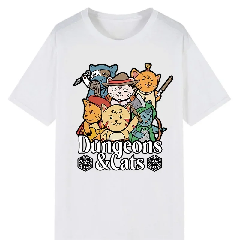 Dungeons and Cat RPG D20 Fantasy Roleplaying Gamer TShirt Kawaii Clothing Summer Men Clothing Unisex Short-sleev Tee Ropa Hombre