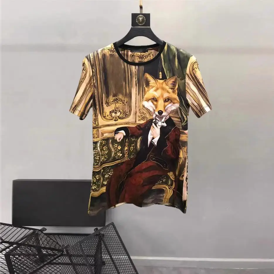 

European and American men's 2023 summer new Round neck and short sleeves fashion Cartoon Fox print T-shirt