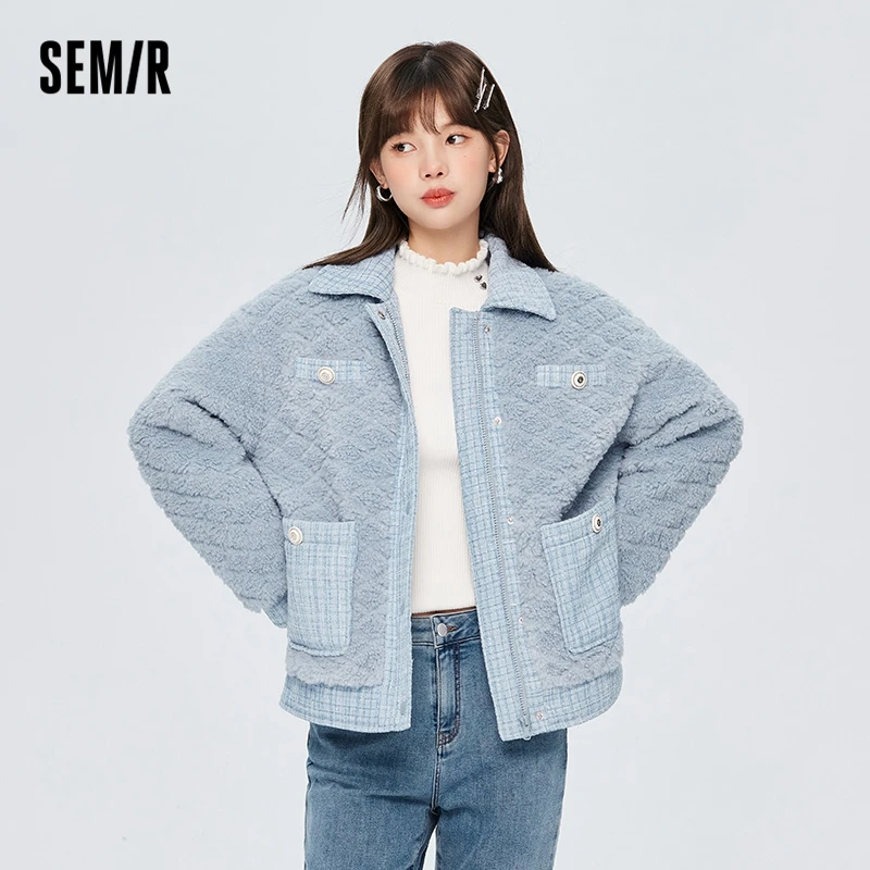 

Semir Coat Women Stitching Imitation Lamb Wool Diamond Lattice 2022 Winter New Elegant Loose Winter Clothing Fragrance Fashion