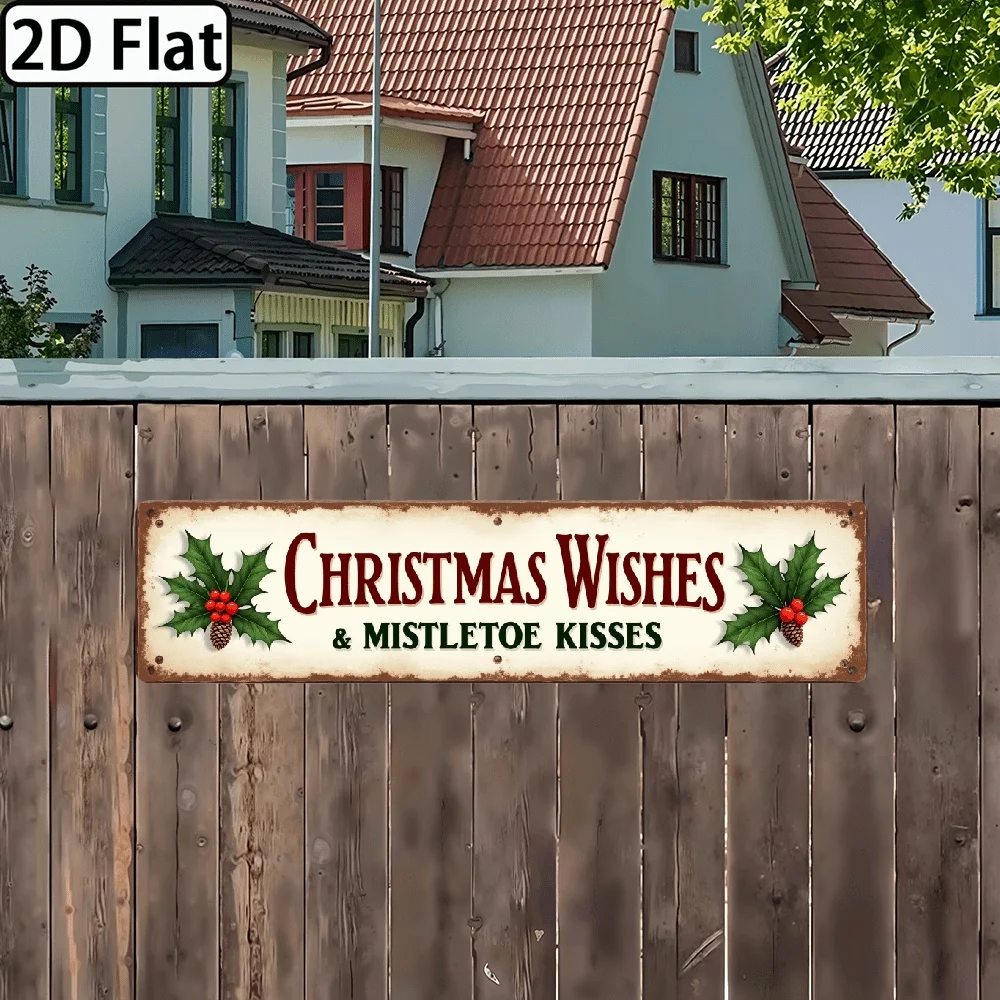 Christmas Wishes Mistletoe Kisses Metal Sign Christmas Theme Wall Hanging Vintage Style Wall Decor for Christmas Decorations