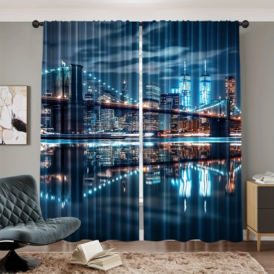 2PCS Digital Printed Curtains, Blue Tone Night Bridge Design, Modern Minimalist Style for Living Room Bedroom Home Decor