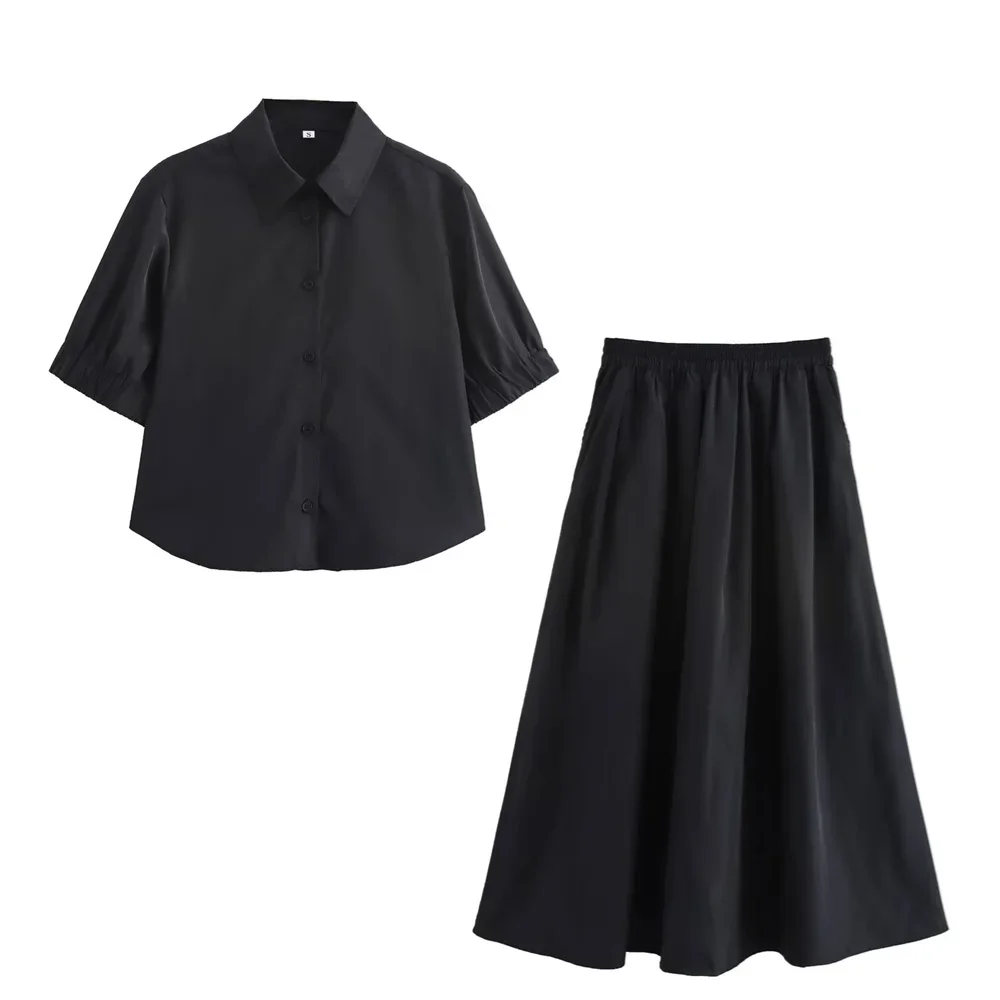Pop Summer New Product Women's Fashion Casual Collar Short Sleeve Tri Color Short Shirt Wide Swing Midi Half Skirt Set