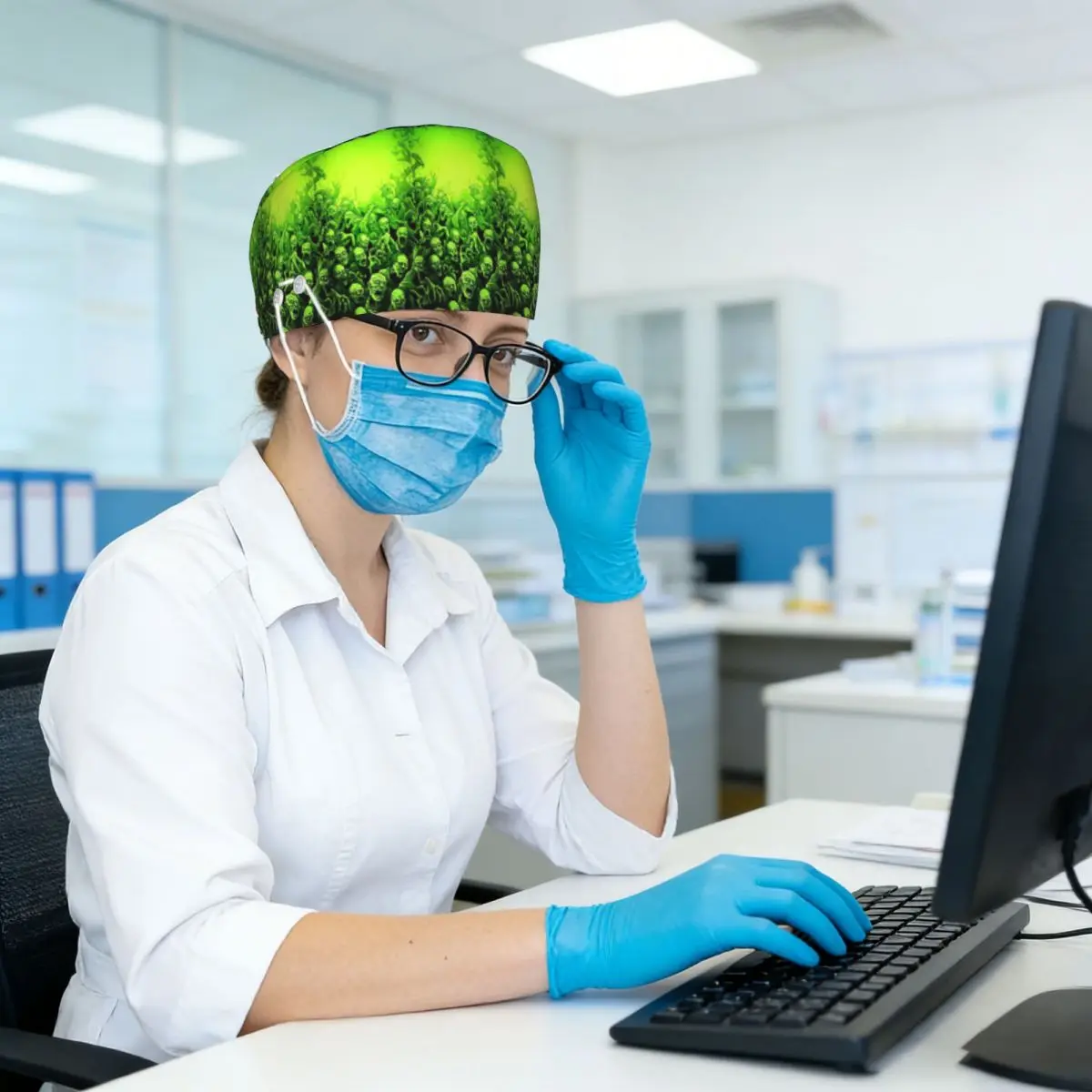 Ghost Skull Print Luminous Horror Night Halloween Scrub Hat Doctor Working Surgical Cap Adjustable Nursing Caps for Dentist