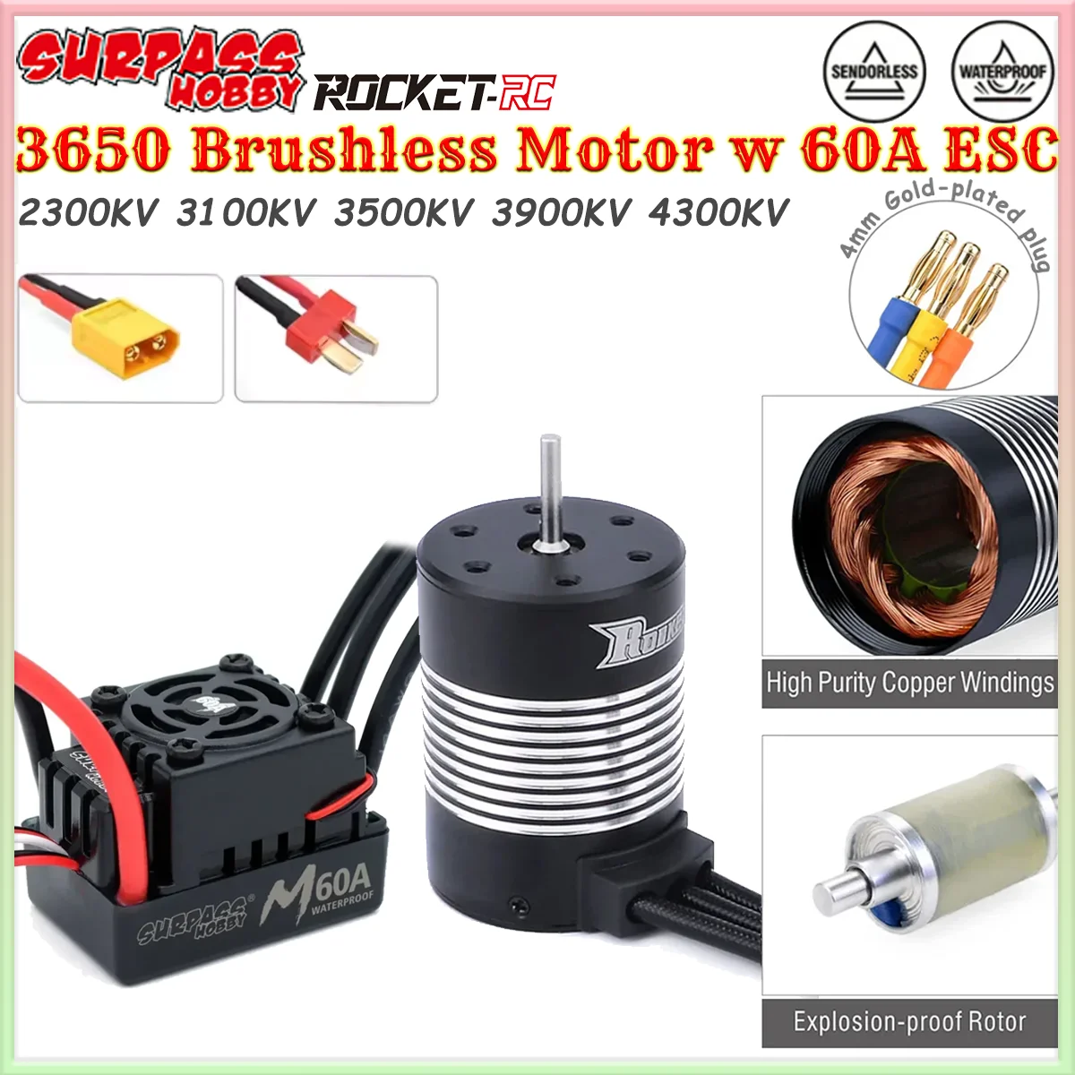Surpass Hobby Rocket 3650 Brushless Waterproof Motor 4300/3900/3500/3100/2300KV with M60A ESC for 1/10 RC Car Boat Wltoys Parts