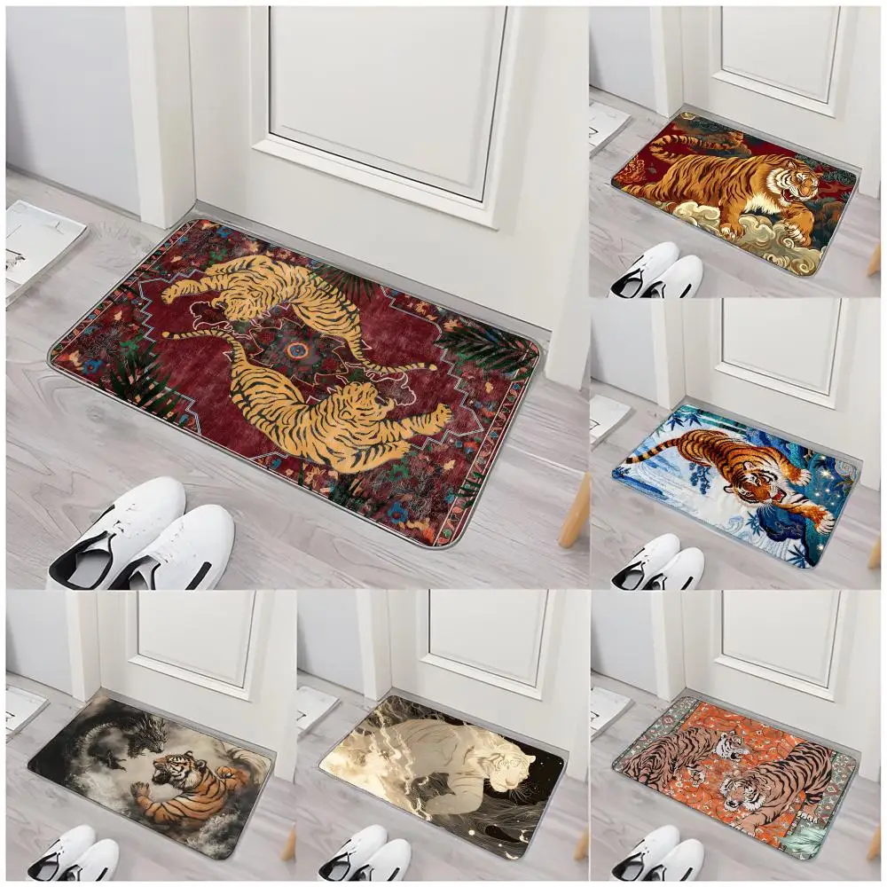 Image Powerful J-Jungle Tiger Floor Mat Non-Slip Washable Flannel Door Mat Absorbent Indoor Floor Rug