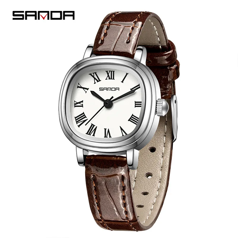 Sanda 1137นาฬิกาควอตซ์สำหรับผู้หญิงนาฬิกาข้อมือสายหนังสำหรับสุภาพสตรีสีน้ำตาลดำเรียบง่ายโรมัน