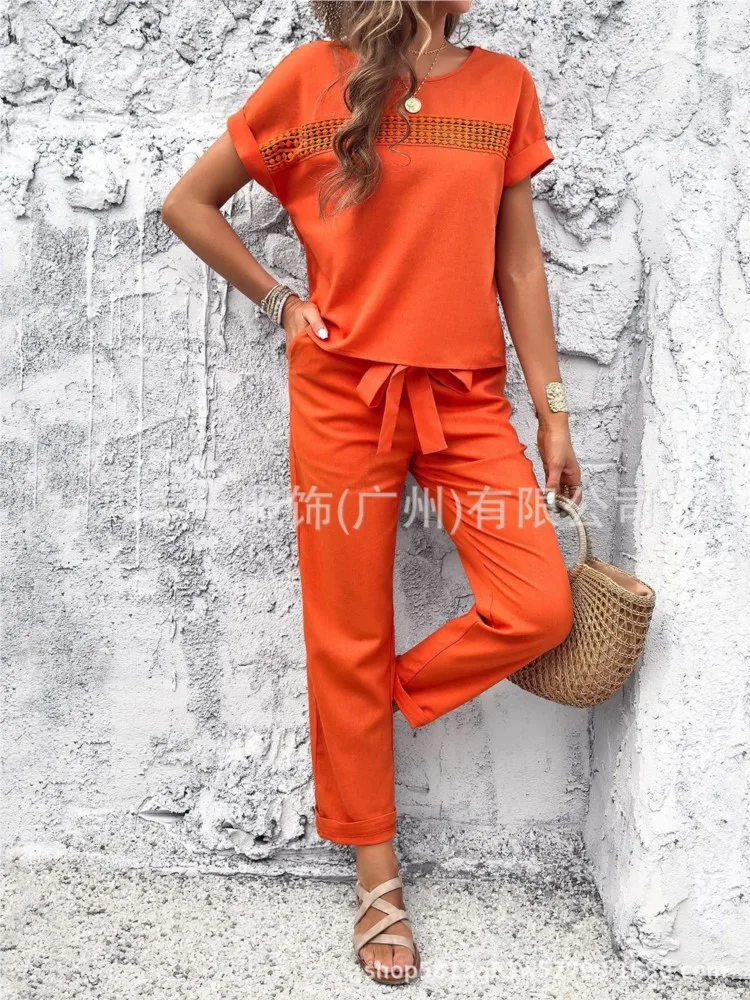 

Women's Short-sleeved O-neck Hollow Two-piece 2026 Summer Top Lace-up High-waisted Pants Elegant Suit Office Ladies 2-piece Set