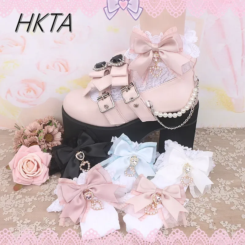 Handmade Japanese Style Lolita Socks Sweet Cute Girls Bow Love Pendant Lace Cotton Socks Kawaii Rhinestone Short Sockings Women