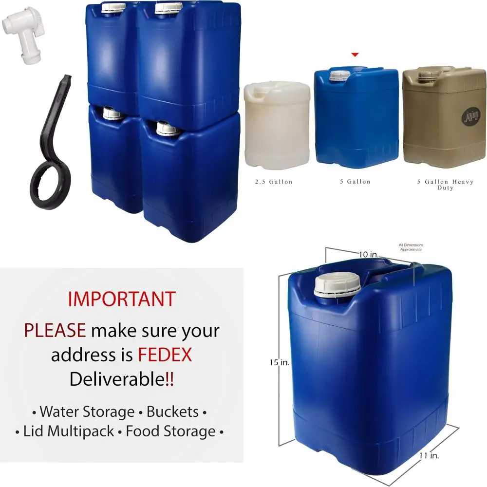 5 Gallon Stackable Water Storage Containers, Blue, 4-Pack, 20 Gallons, Emergency Kit - Clean, Boxed!