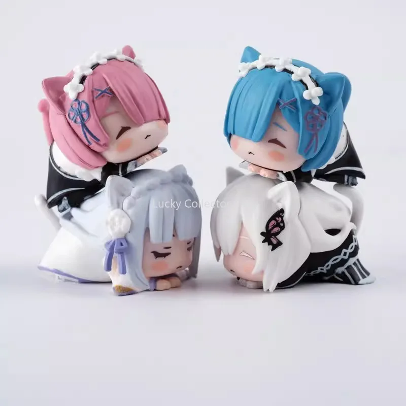 Anime Re Zero Starting Life in Another World Q Version Cat Ears Lying Down Rem Emilia Figure Ornament Collectible Gifts