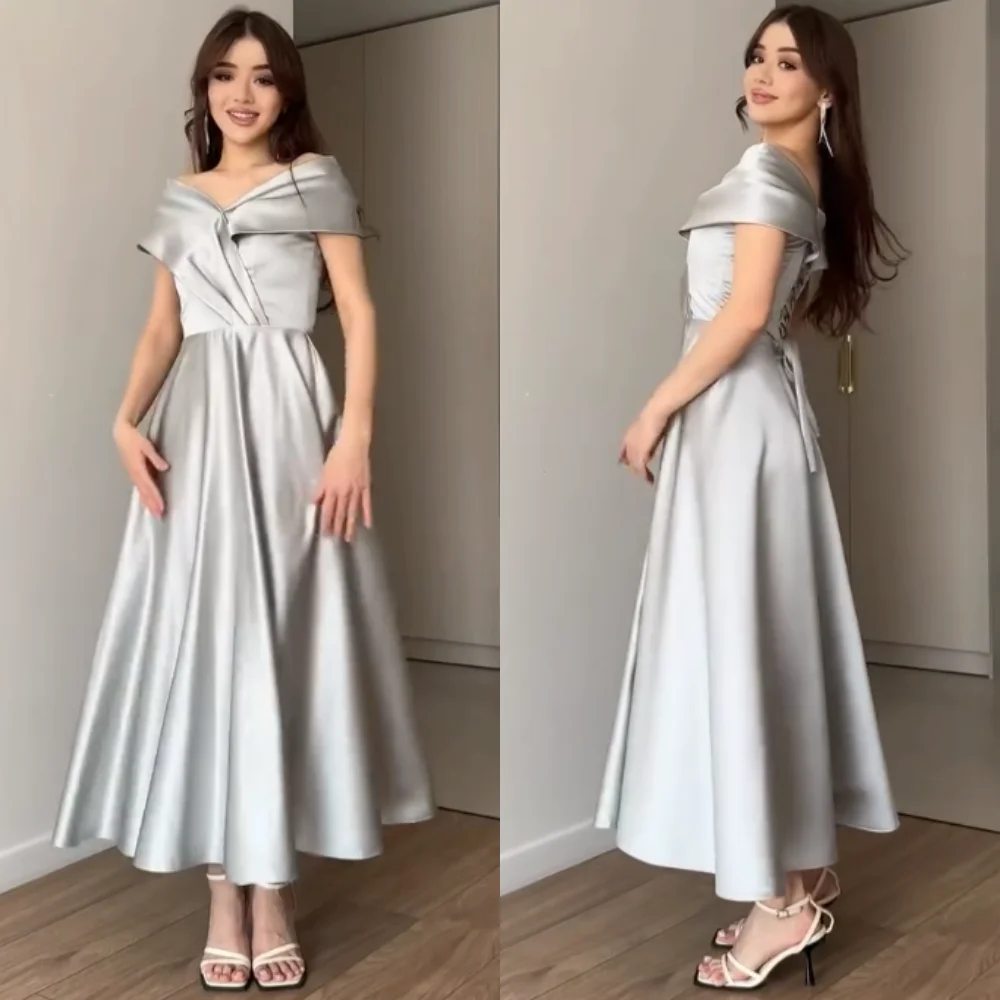 

Customized Exquisite Formal Charmeuse Pleat A-line Off-the-shoulder Midi Dresses Bespoke Occasion Fashion