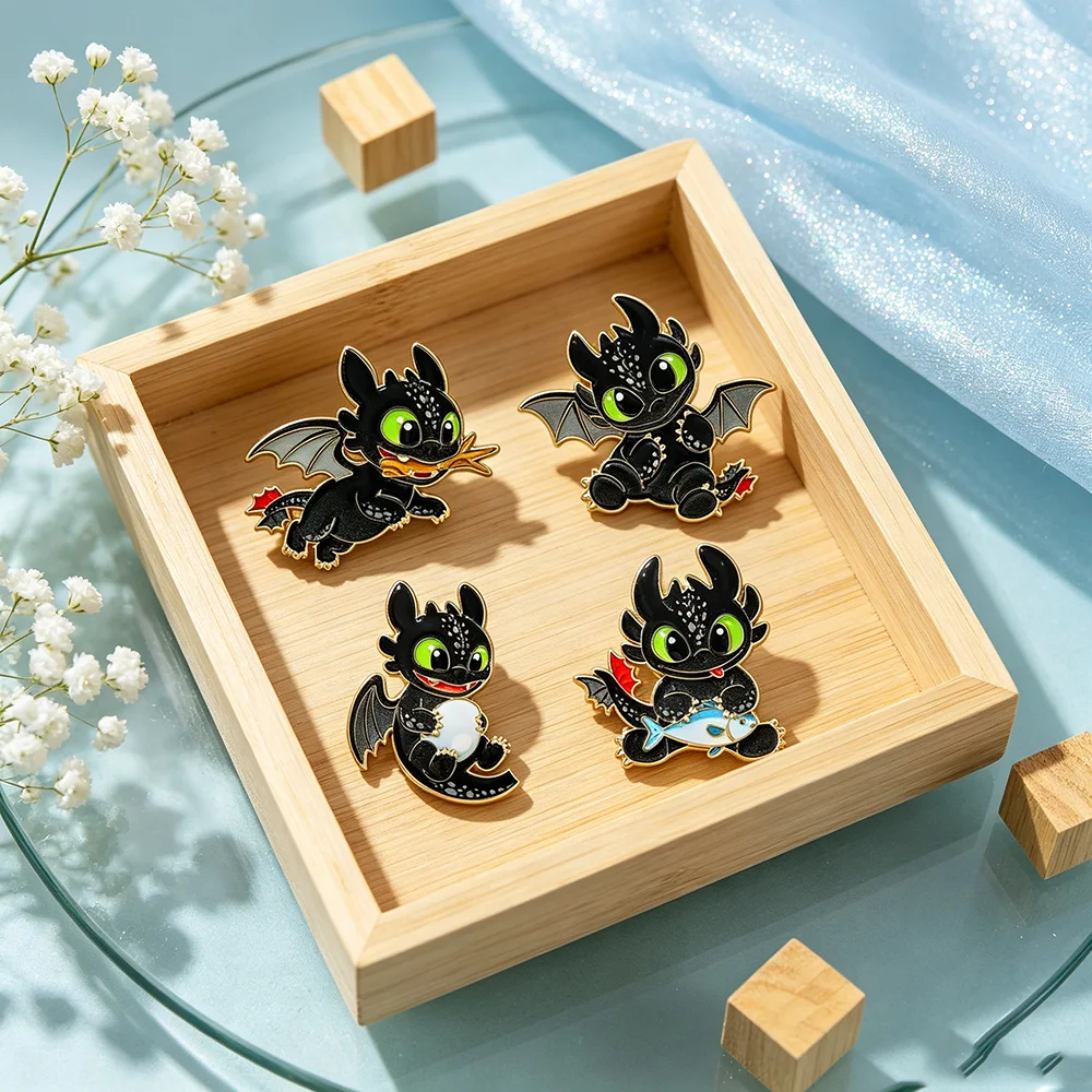 4Pcs Cute Black Dragon Enamel Brooch Set, Cartoon Fantasy Animal Lapel Pins Decorative Badges for Clothing Backpack Accessories