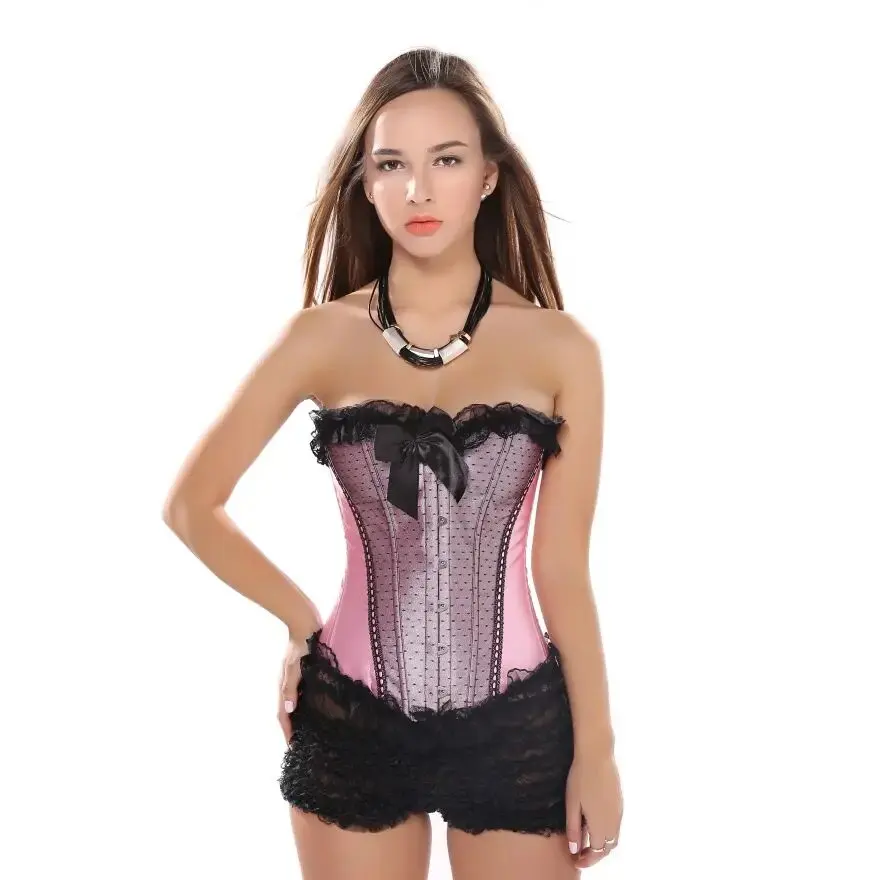 Pink Bustier Sexy Satin Overbust Corset Top Lace Bowknot Decorated Clubwear Showgirl Body Shaper Plus Size