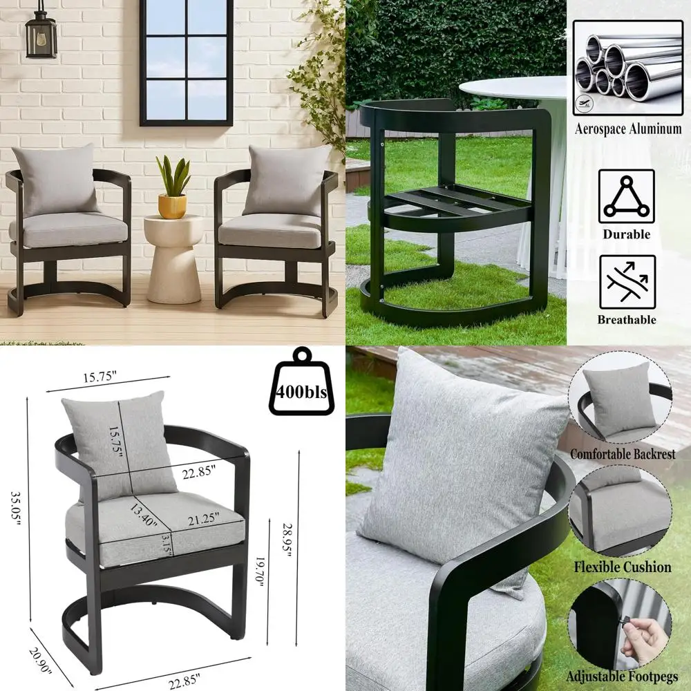 

Пара современных уличных обеденных стульев с мягкими сиденьями и спинками, металлические стулья с подлокотниками для столовой на патио