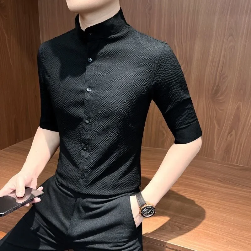 

Men's Slim Fit Black Mandarin Collar 3/4 Sleeve Shirt Textured Knit Casual Business Top