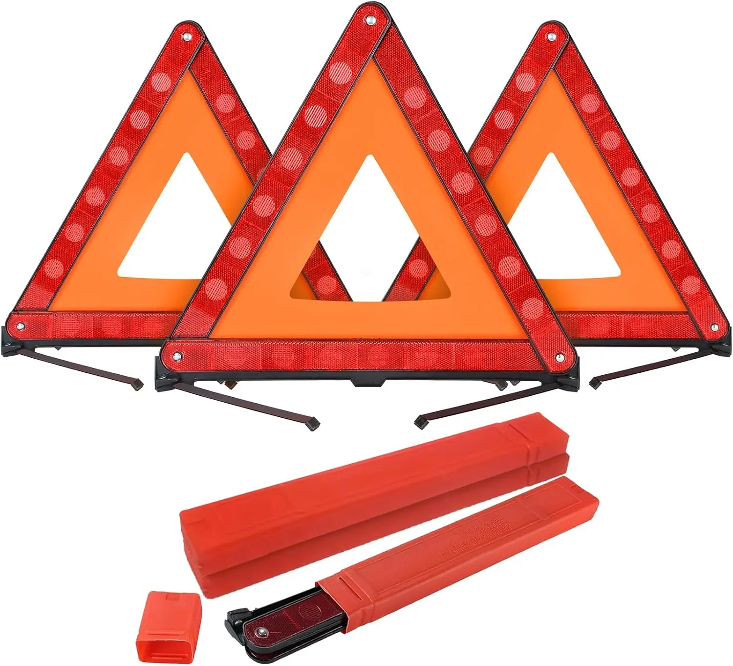 3-Pack Tech Foldable Reflective Warning Triangle Kit - w/ Base Storage Case, Car Emergency Warning Essential